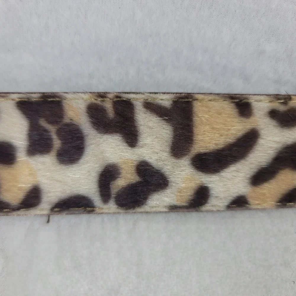 Vintage Womens Leopard Calf Hair Belt Gold Rhinestone Buckle Small Animal Print